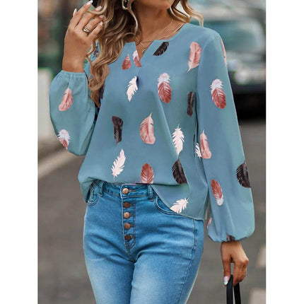 Woman Blouse Shirts For Women Stylish Top long Sleeve Feather Pattern Female Tops Elegant Chiffon Mujer Woman Clothes - MimiStylez