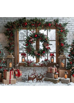 Christmas Photography Backdrop Xmas Tree Wreath Elk Brick Wall Window Snow Scene Backdrop