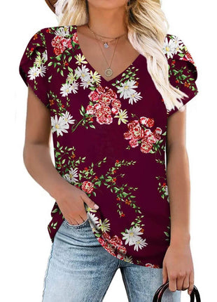 Loose Short Sleeve V-Neck Printed Womens Half Sleeve T-Shirt - MimiStylez