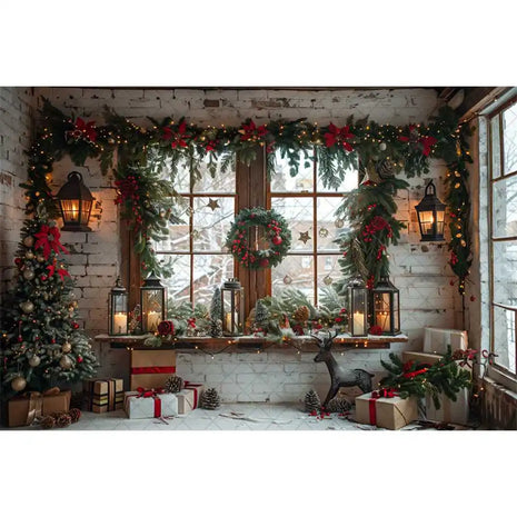 Christmas Photography Backdrop Xmas Tree Wreath Elk Brick Wall Window Snow Scene Backdrop