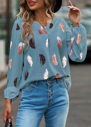 Woman Blouse Shirts For Women Stylish Top long Sleeve Feather Pattern Female Tops Elegant Chiffon Mujer Woman Clothes - MimiStylez