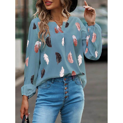 Woman Blouse Shirts For Women Stylish Top long Sleeve Feather Pattern Female Tops Elegant Chiffon Mujer Woman Clothes - MimiStylez