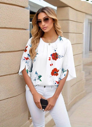 Pullover flared sleeve pleated shirt fashion five-quarter sleeve shirt women - MimiStylez