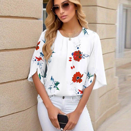 Pullover flared sleeve pleated shirt fashion five-quarter sleeve shirt women - MimiStylez