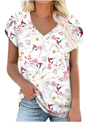 Loose Short Sleeve V-Neck Printed Womens Half Sleeve T-Shirt - MimiStylez