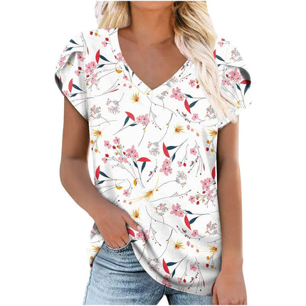 Loose Short Sleeve V-Neck Printed Womens Half Sleeve T-Shirt - MimiStylez