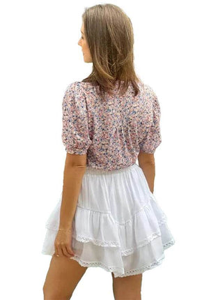 Womens Tunic Tops V Neck Shirts Short Sleeve Puff Pleated Casual Blouses Puff Pleated Work Blouse - MimiStylez