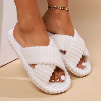 Women Corduroy Cross Strap Home Slippers Men Soft Warm Flat Slides Family Indoor Fashion Concise Plush Sandals - MimiStylez