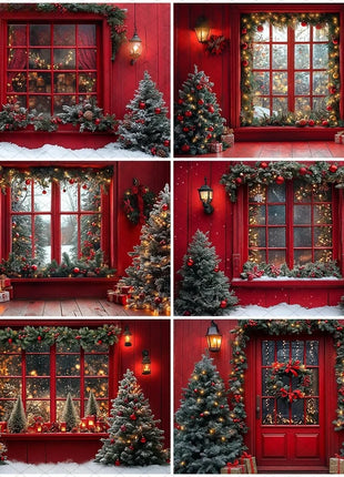 Christmas Tree Red Door Window Snow Backdrop
