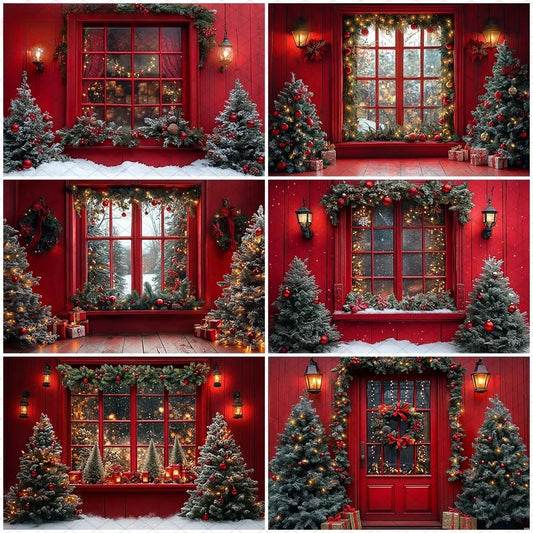 Christmas Tree Red Door Window Snow Backdrop