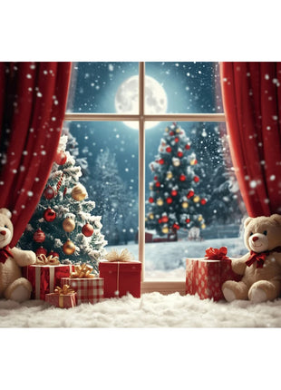 Christmas Backdrop Winter Window Xmas Tree Snowy Night Christmas Backdrop