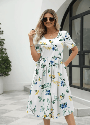 Ladies fashion elegant printed crew neck short sleeve zipper dress - MimiStylez