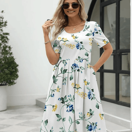 Ladies fashion elegant printed crew neck short sleeve zipper dress - MimiStylez