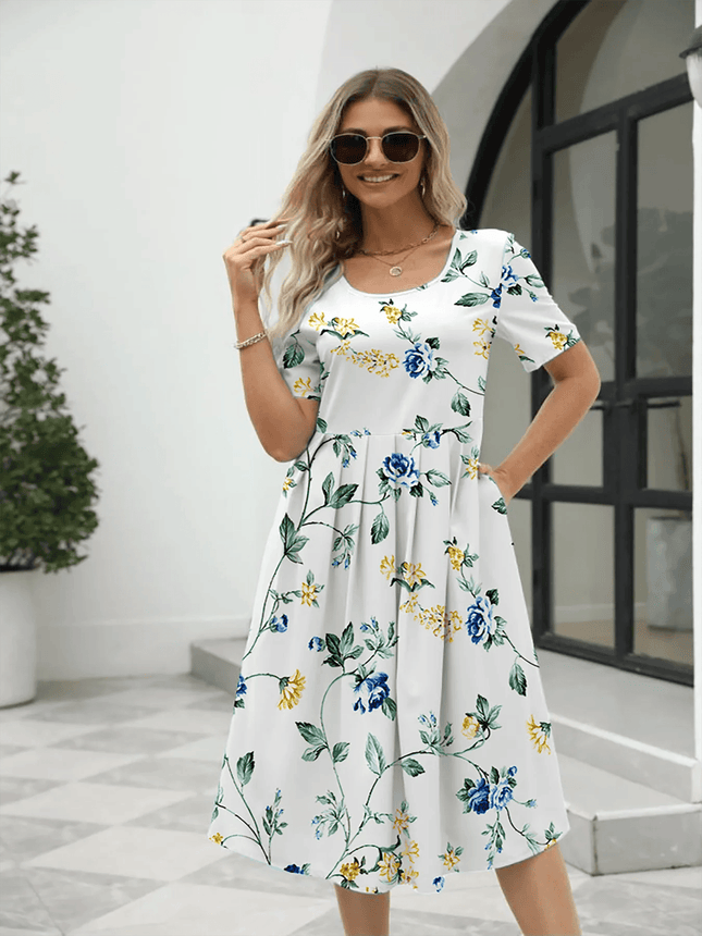 Ladies fashion elegant printed crew neck short sleeve zipper dress - MimiStylez