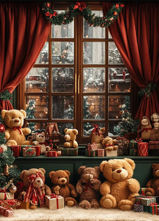 Winter Wonderland Background Banner - Pink Curtains and Snowy Christmas Tree Background