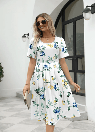 Ladies fashion elegant printed crew neck short sleeve zipper dress - MimiStylez