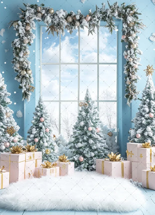 Backdrop Christmas Trees Stars Portrait Window Tulle Curtains Gift Decor