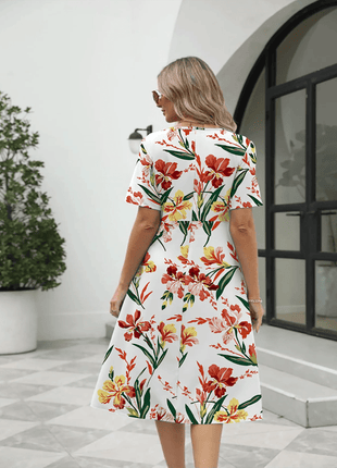 Ladies fashion elegant printed crew neck short sleeve zipper dress - MimiStylez