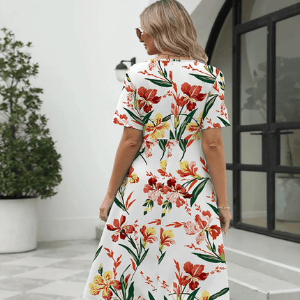 Ladies fashion elegant printed crew neck short sleeve zipper dress - MimiStylez