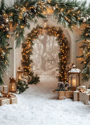 Winter Christmas Forest Glitter Arch Door Xmas Kids Family Portrait Decor Backdrop