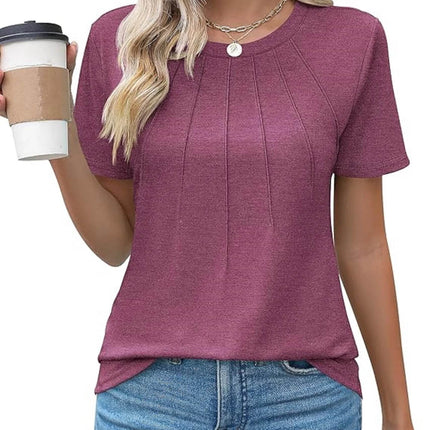 Womens Tunic Tops V Neck Shirts Short Sleeve Puff Pleated Casual Blouses Puff Pleated Work Blouse - MimiStylez