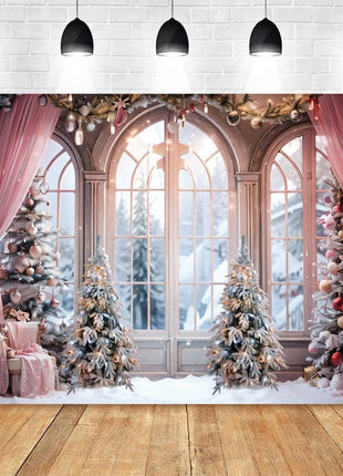 Christmas Photography Backdrop Santa Claus Window Snow Forest Xmas Tree