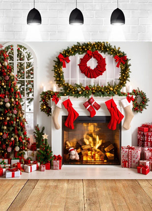 Christmas Photography Backdrop Santa Claus Window Snow Forest Xmas Tree