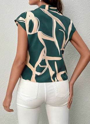Brush Print Tie Neck Blouse, Elegant Short Sleeve - MimiStylez