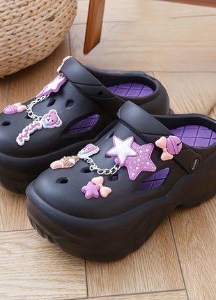 Women's Summer Beach Clogs with Adorable Cartoon Accents, Breathable Hollow Out Design, Lightweight and Comfy