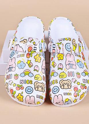Adorable Womens Cartoon Print Clogs - Adjustable Buckle Belt, Non-Slip Soles, Closed Toe Comfort