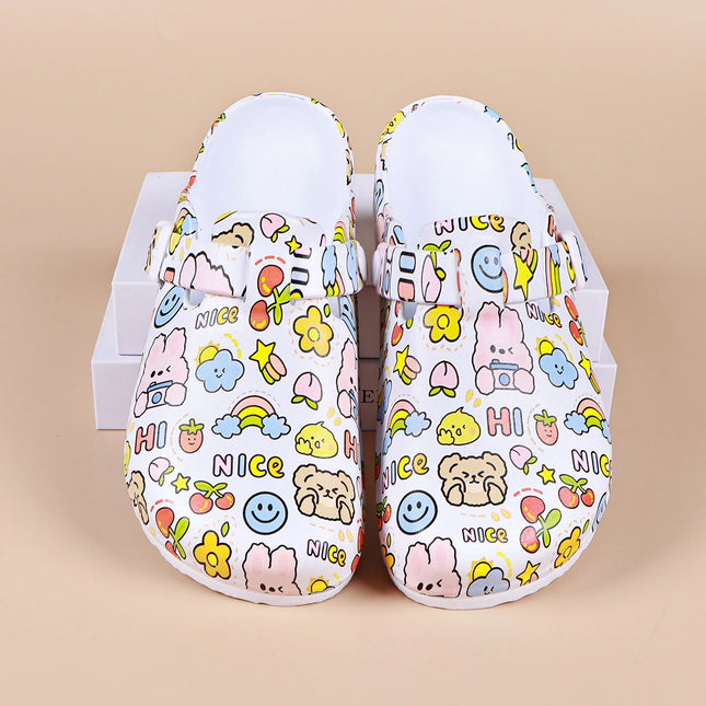 Adorables zuecos con estampado de dibujos animados para mujer: cinturón con hebilla ajustable, suela antideslizante y puntera cerrada.