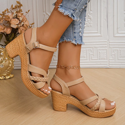 Women's Braided High Heels Sandals Summer Chunky Platform Gladiator Sandals Woman Ankle Straps Vacation Casual Shoes