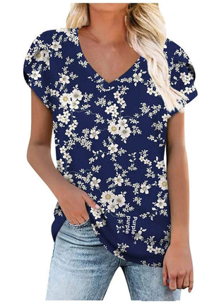 Loose Short Sleeve V-Neck Printed Womens Half Sleeve T-Shirt - MimiStylez