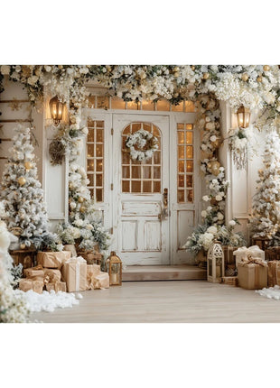Christmas Backgrounds For Photographs Christmas Tree White Wooden Door Winter Snow Decorations