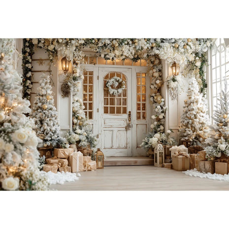 Christmas Backgrounds For Photographs Christmas Tree White Wooden Door Winter Snow Decorations