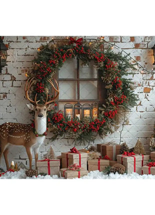 Christmas Photography Backdrop Xmas Tree Wreath Elk Brick Wall Window Snow Scene Backdrop