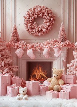 Winter Wonderland Background Banner - Pink Curtains and Snowy Christmas Tree Backdrop