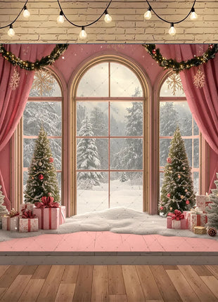 Winter Wonderland Background Banner - Pink Curtains and Snowy Christmas Tree Background