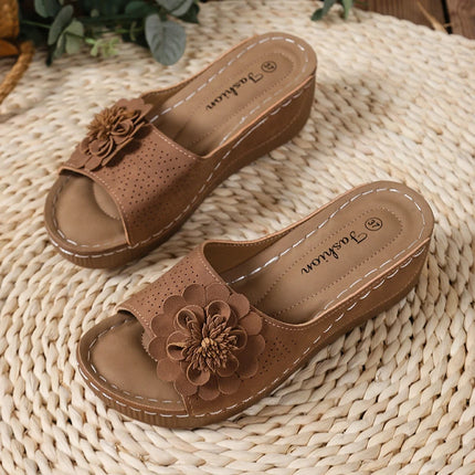 Flower Decor Women Wedge Thick Bottom Platform Sandals Anti Slip Shoes