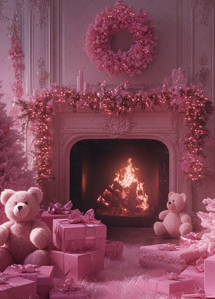 Winter Wonderland Background Banner - Pink Curtains and Snowy Christmas Tree Background