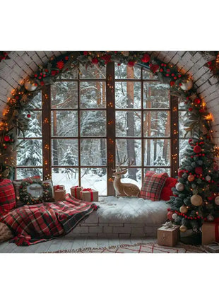 Christmas Photography Backdrop Xmas Tree Wreath Elk Brick Wall Window Snow Scene Backdrop