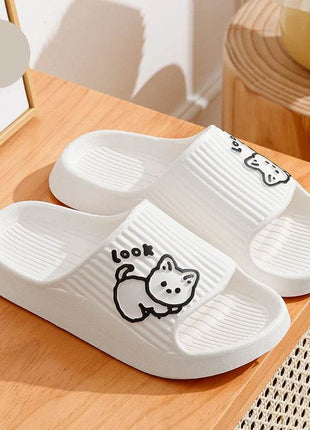 Cute Cartoon Kitten Women's Summer Slippers Indoor Bathroom Cloudy Soft Sole Non-slip Leisure Comfort Couple Home Shoes - MimiStylez