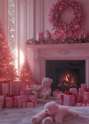 Winter Wonderland Background Banner - Pink Curtains and Snowy Christmas Tree Backdrop