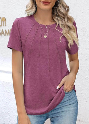 Womens Tunic Tops V Neck Shirts Short Sleeve Puff Pleated Casual Blouses Puff Pleated Work Blouse - MimiStylez