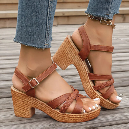 Women's Braided High Heels Sandals Summer Chunky Platform Gladiator Sandals Woman Ankle Straps Vacation Casual Shoes