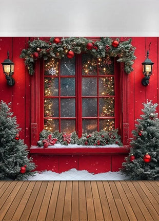 Christmas Tree Red Door Window Snow Backdrop