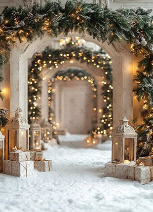 Winter Christmas Forest Glitter Arch Door Xmas Kids Family Portrait Decor Backdrop