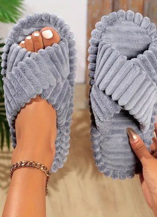 Women Corduroy Cross Strap Home Slippers Men Soft Warm Flat Slides Family Indoor Fashion Concise Plush Sandals - MimiStylez