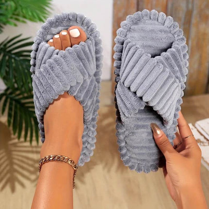 Women Corduroy Cross Strap Home Slippers Men Soft Warm Flat Slides Family Indoor Fashion Concise Plush Sandals - MimiStylez
