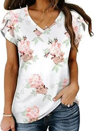 Loose Short Sleeve V-Neck Printed Womens Half Sleeve T-Shirt - MimiStylez